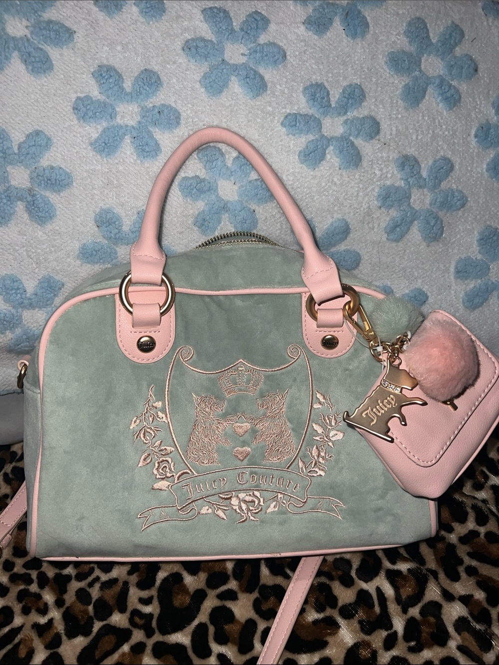 Juicy Couture Mint Suede Satchel with Pink Trim & Pom Charm